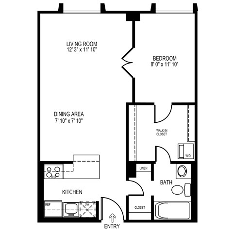 Floor plan for studio, 1 bath, 565 sqft